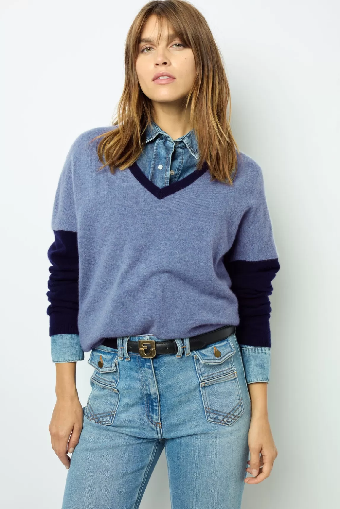 Flash Sale Gerard Darel Color block cashmere V-neck sweater - JALYA Encre