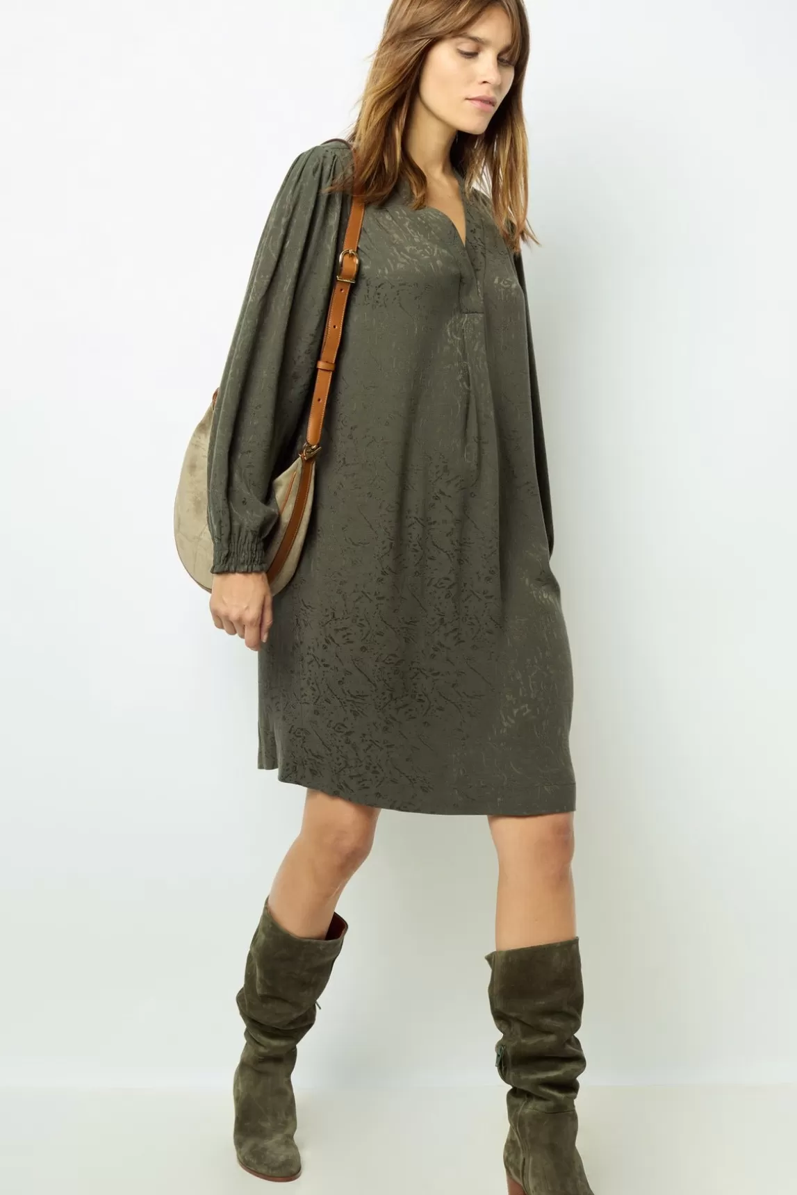 Shop Gerard Darel Jacquard straight-cut mini dress - SOLENE VertKaki