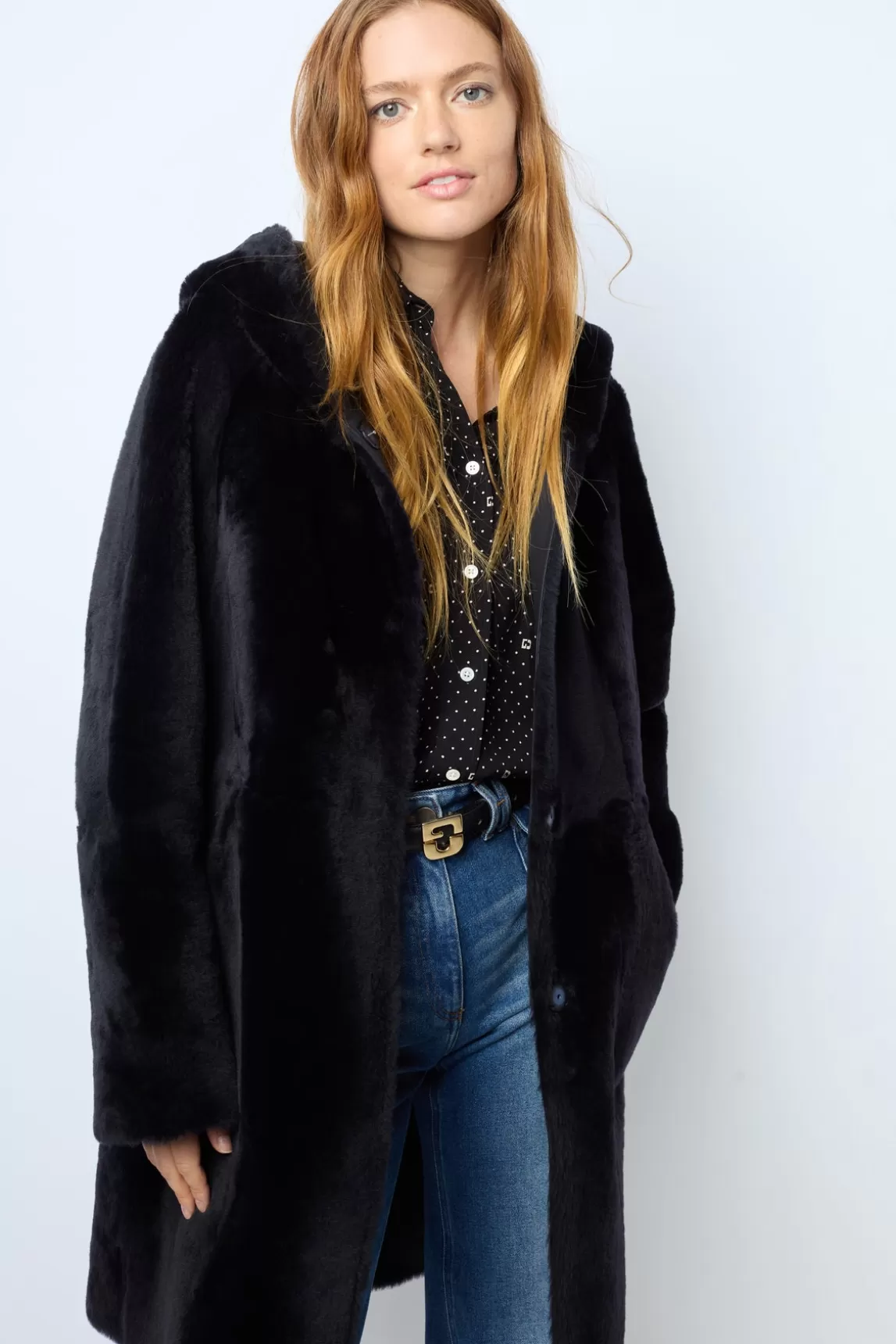 New Gerard Darel Reversible shearling hooded coat - LETITIA Marine